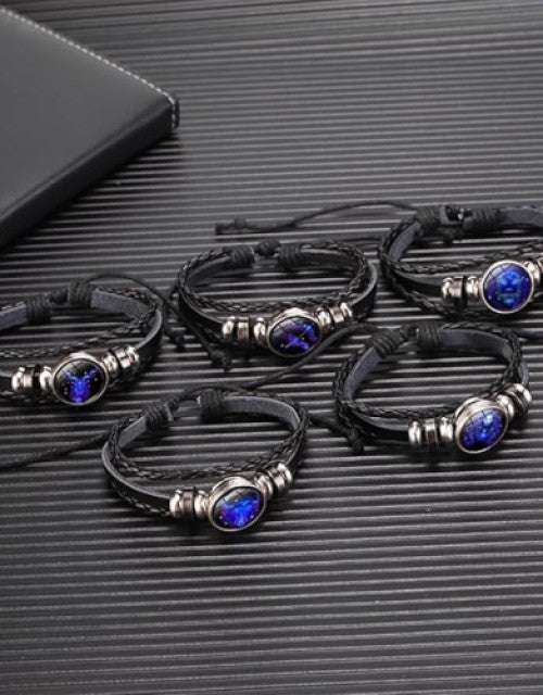 Multilayer Constellation Zodiac Leather Bracelet Vintage Black Leather Bracelet